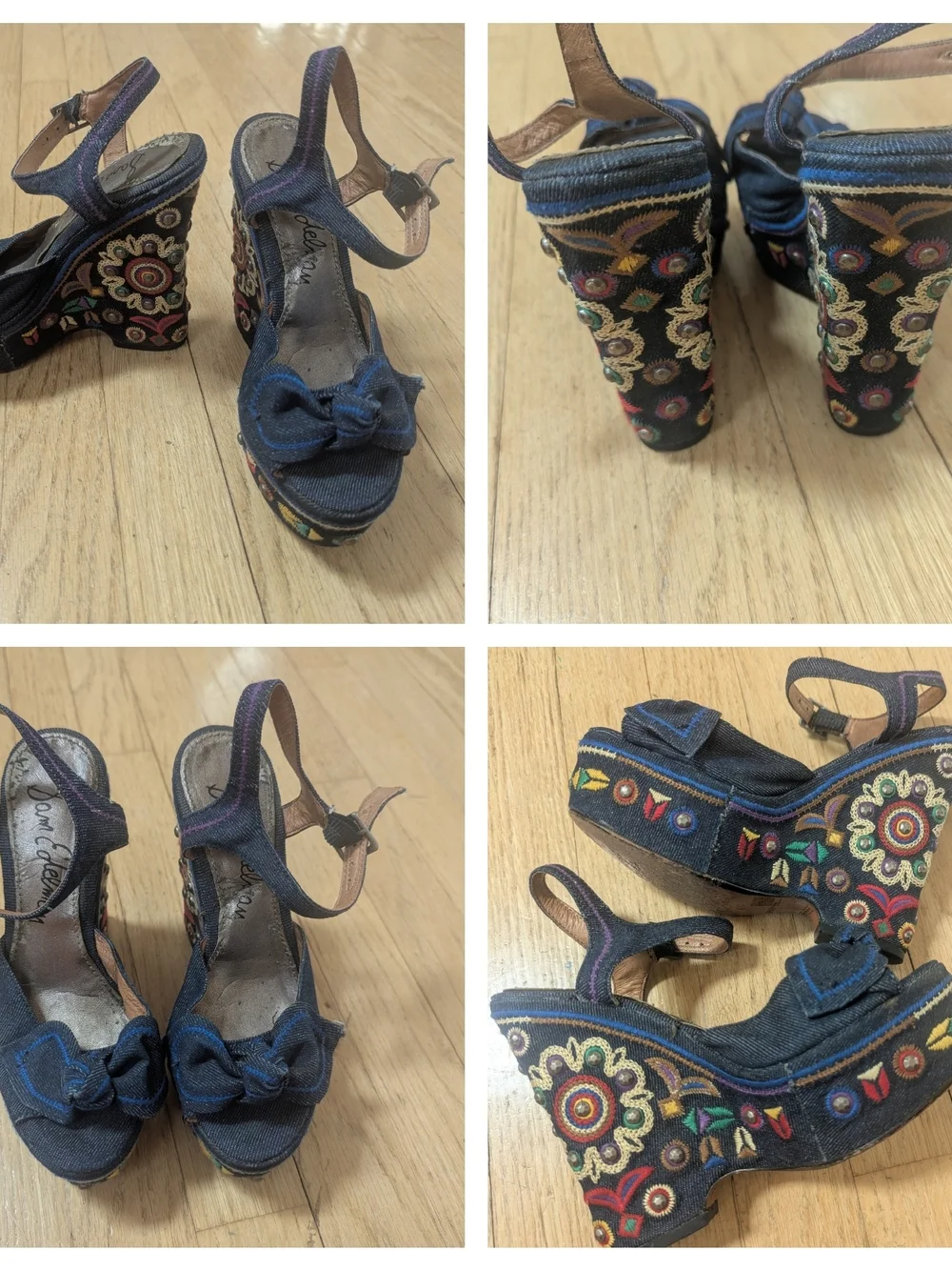 Sam Edelman Rylee Dark Blue Embroidered Denim Platform Sandals 4.5 5